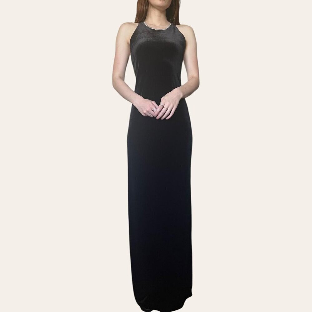 Onyx Nite 90s black velvet x-back diamante high neck formal dress vintage Medium - Picture 7 of 7